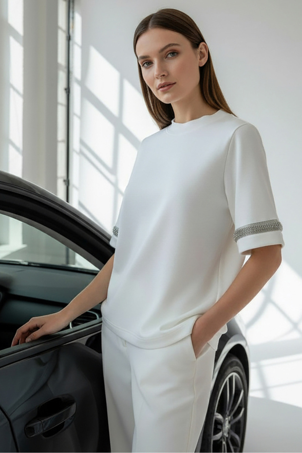 Bisiklet Yaka Taş İşlemeli Regular Örme Tişört - 5