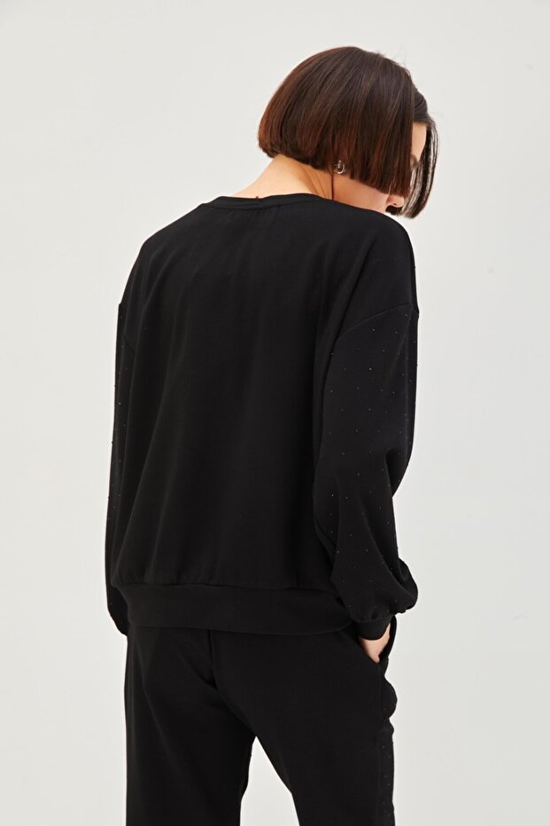 Taşlı Bisiklet Yaka Siyah Örme Sweatshirt - 3