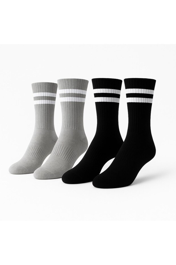 Men's Sports Socks Set of 2 – Cotton, Stretchy, Striped Model (Black Gray)