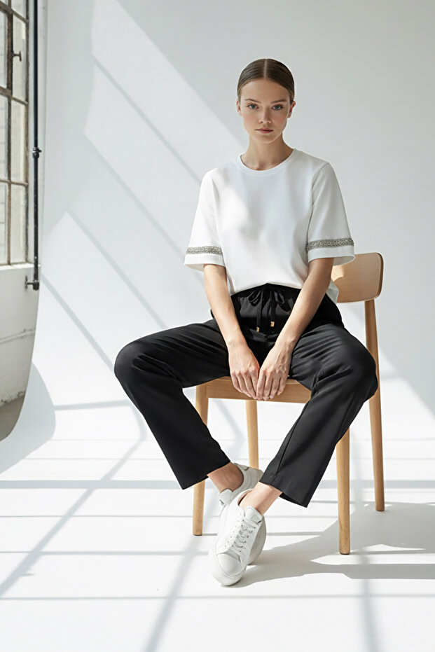 Bisiklet Yaka Taş İşlemeli Regular Örme Tişört - 3