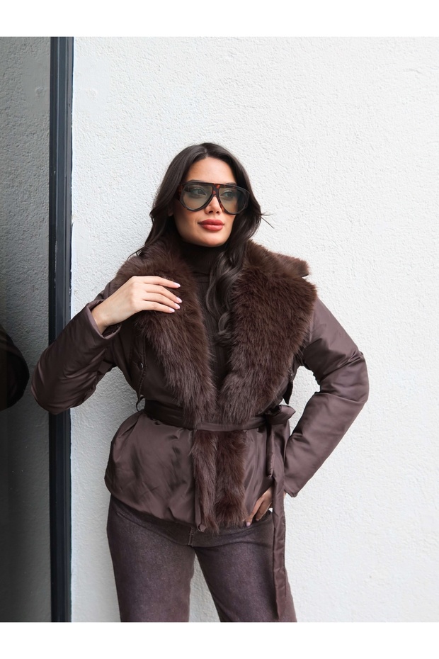 Collar Faux Fur Tie-Up Coat