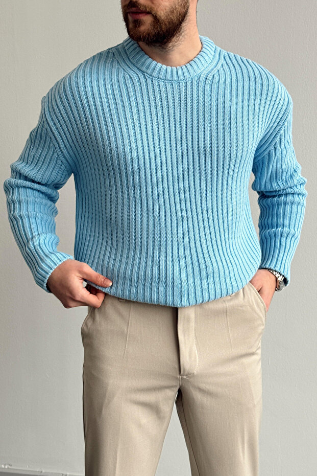 Erkek Mavi Fitilli Örme Regular Triko Kazak - 2