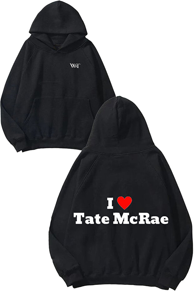 سويت شيرت I Love Tate Mcrae Design Back مطبوع أسود بغطاء رأس