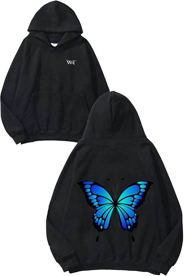 Blue Butterfly Design Back Printed Black Hooded Sweatshirt