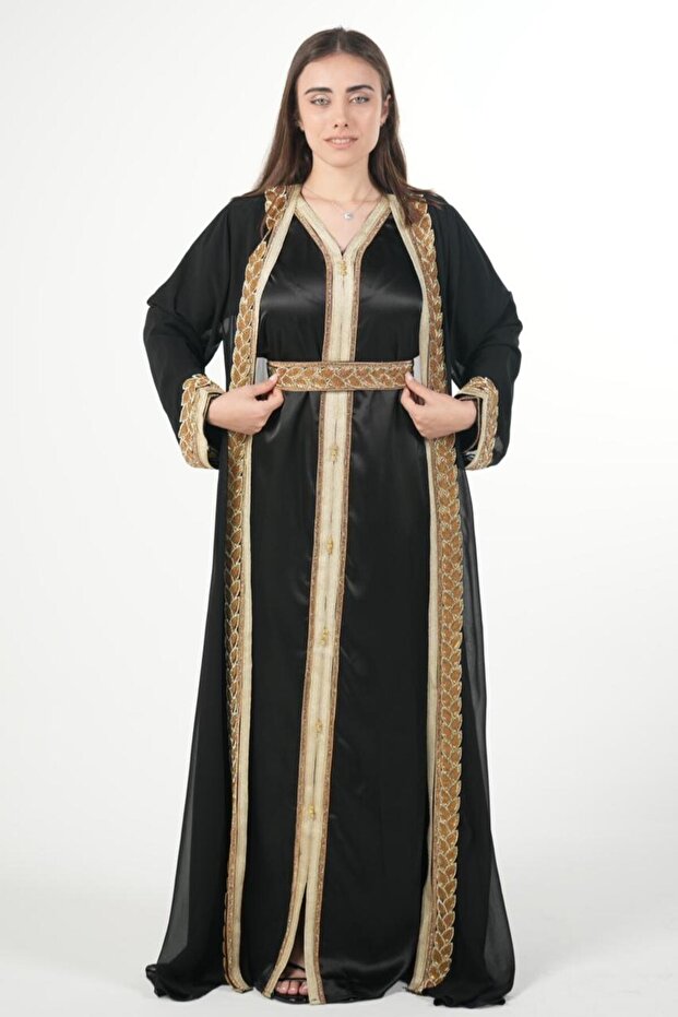 Moroccan embroidered satin kaftan dress with a waist belt