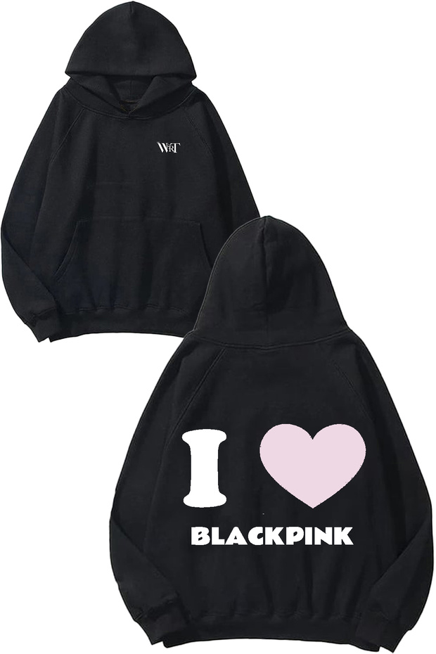 سويت شيرت I Love Blackpink Design Back مطبوع أسود بغطاء رأس