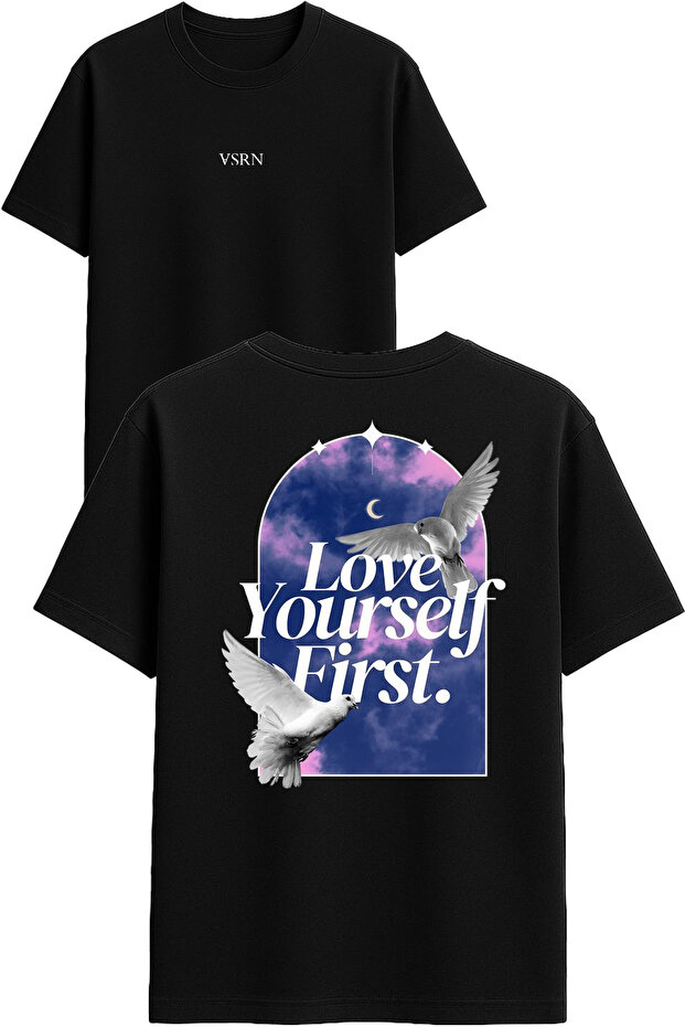 Love Yourself First Design Printed Black Oversized t Shirt