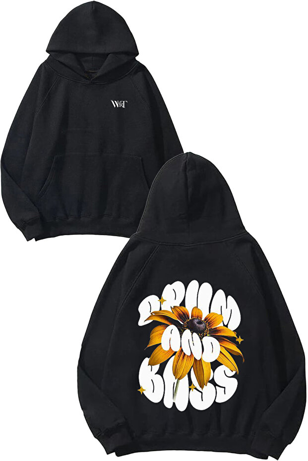 Drum and Bass Flower Design Backpack Printed Black Hooded Sweatshirt