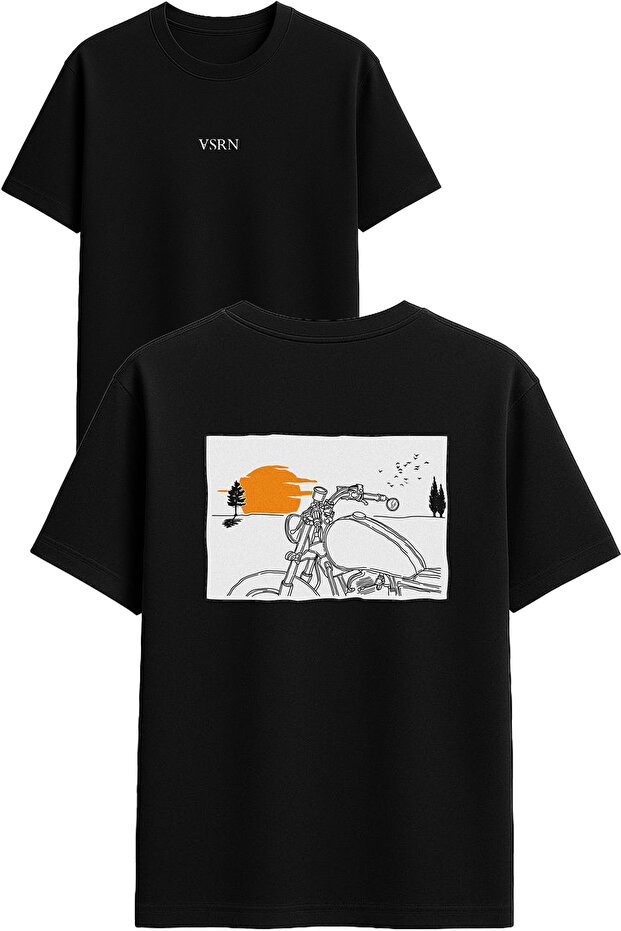 تي شيرت بتصميم ريفي مطبوع أسود قصة فضفاضة