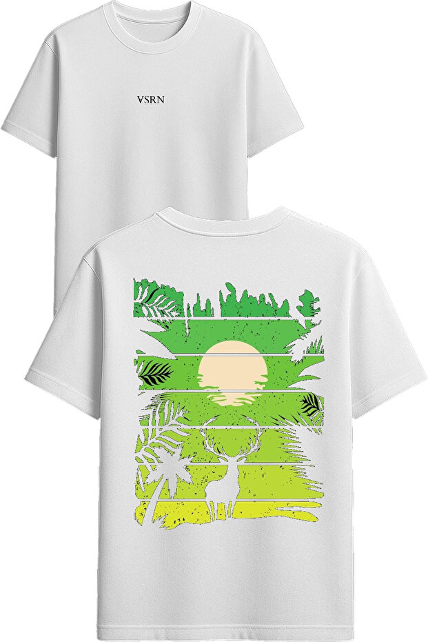 Deer Forest Design Printed White Oversized t Shirt
