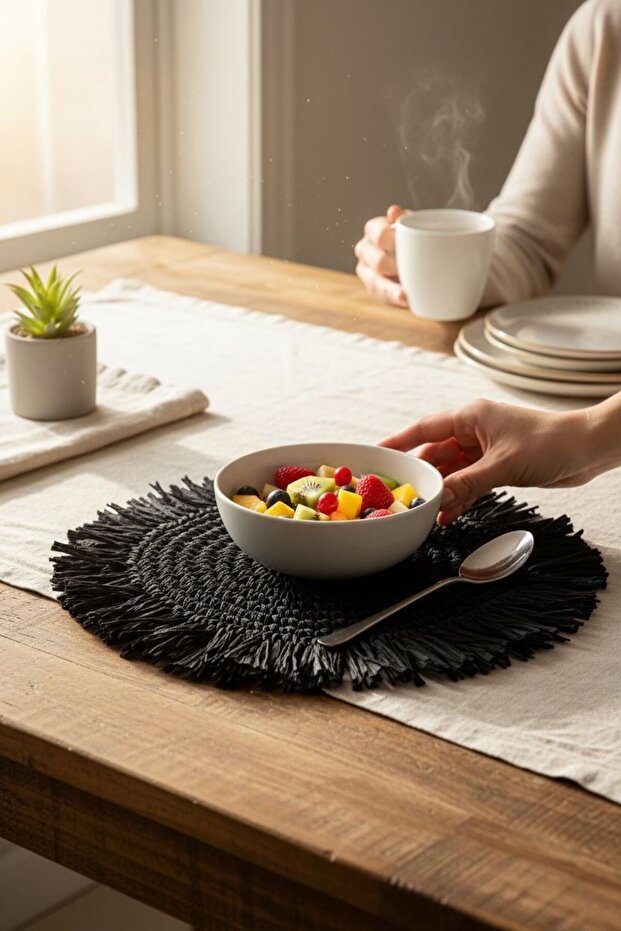 Ronse Handcrafted Paper String Black Tasseled Supla | American Service | 35X35 cm | Stylish Tableware Decoration
