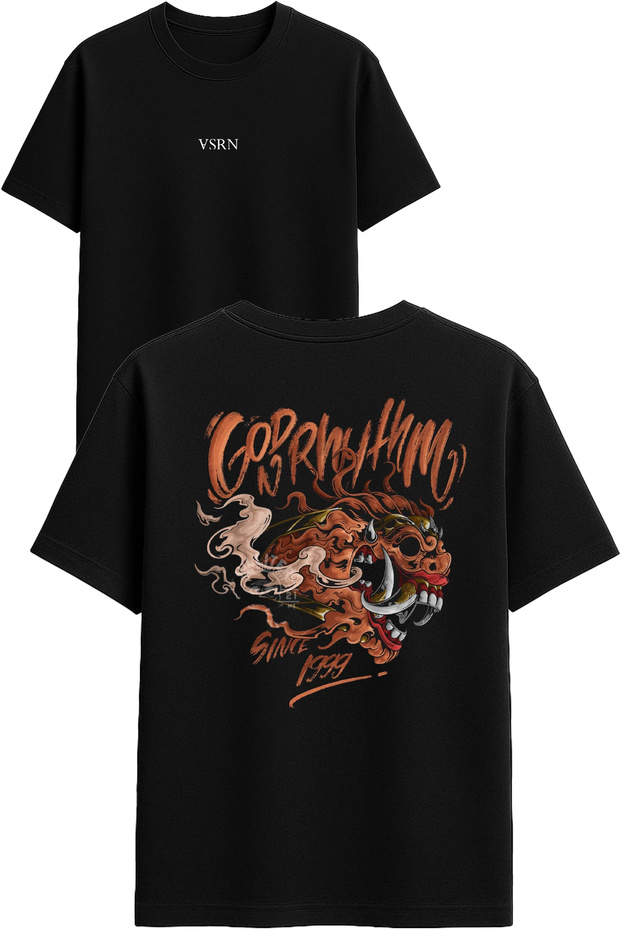 تي شيرت غريب التصميم مطبوع أسود قصة فضفاضة