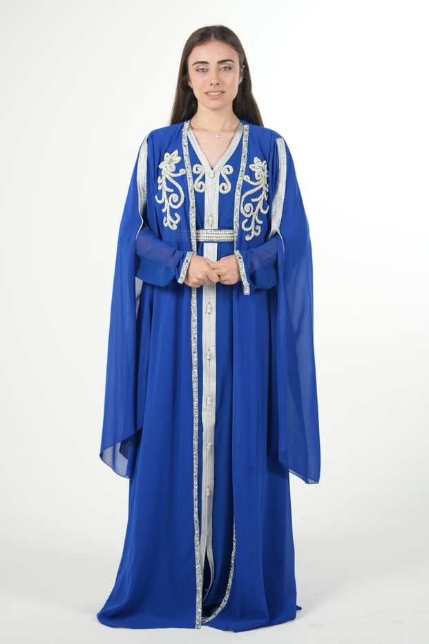 Moroccan chiffon caftan two pieces with a belt on the waist women kaftan dress