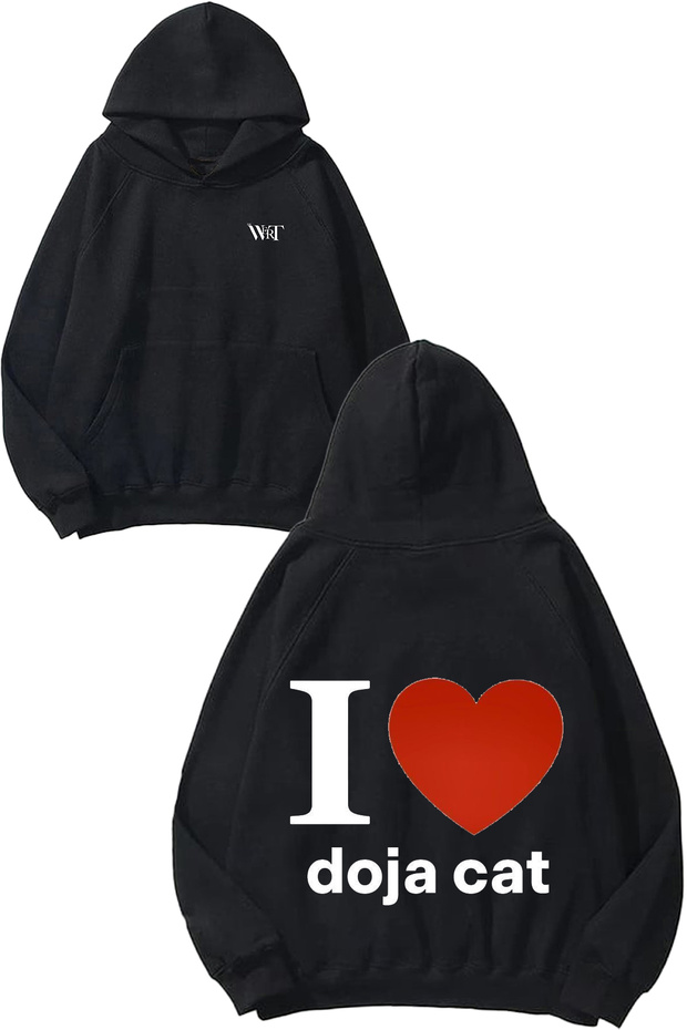 سويت شيرت I Love Doja Cat Design Back مطبوع أسود بغطاء رأس