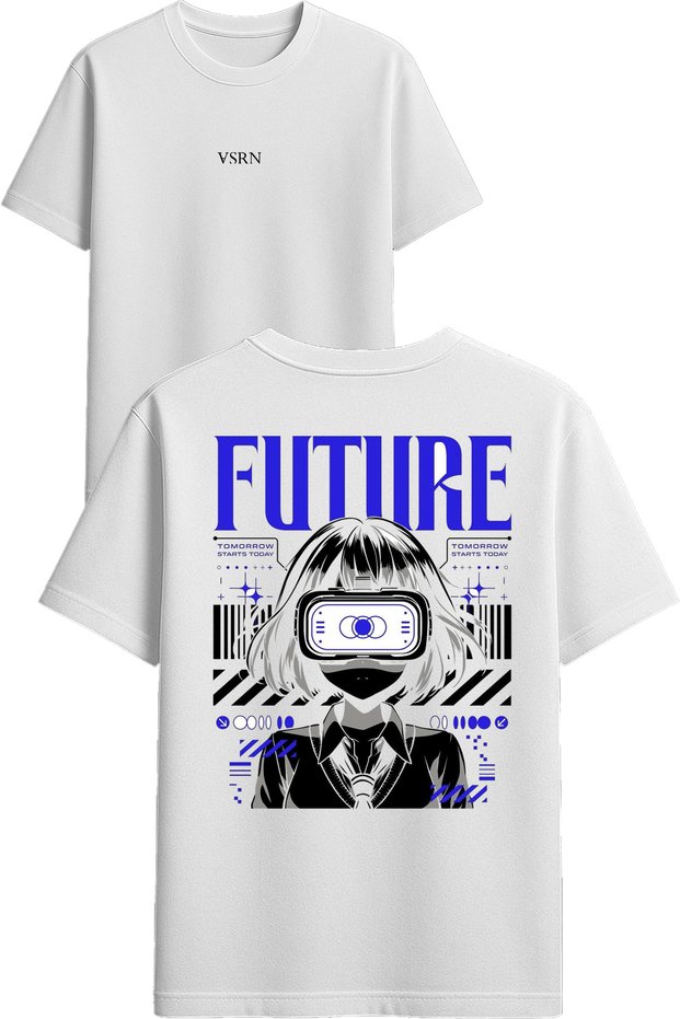 تي شيرت Future Design مطبوع أبيض قصة فضفاضة