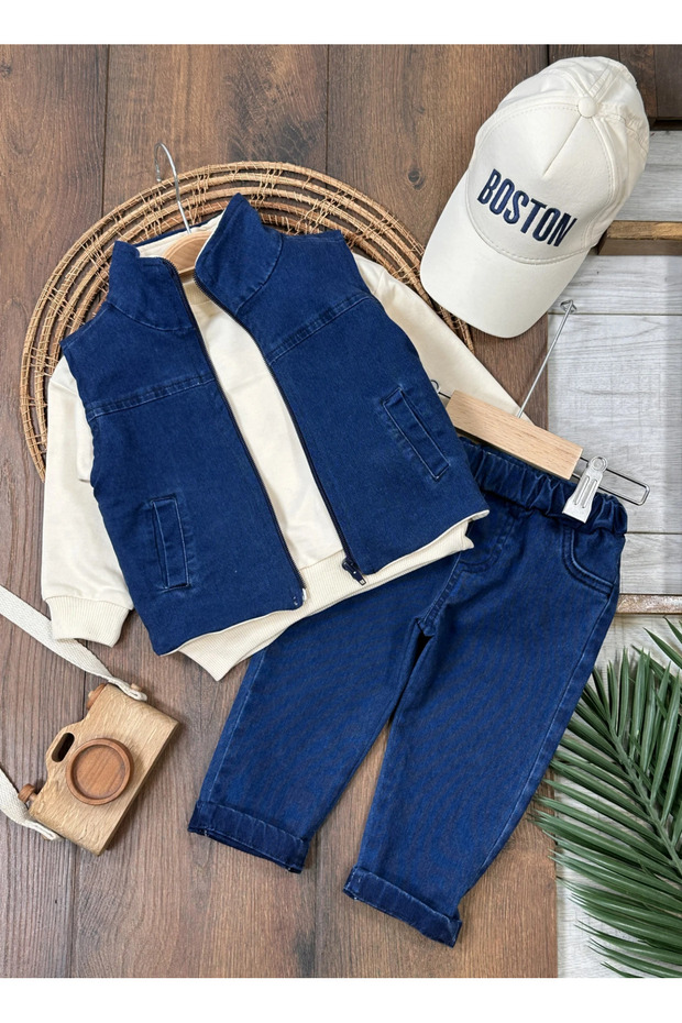 Boston Baby Boy Set with Vest, Hat, Oversized Sweatshirt and Stretch Denim
