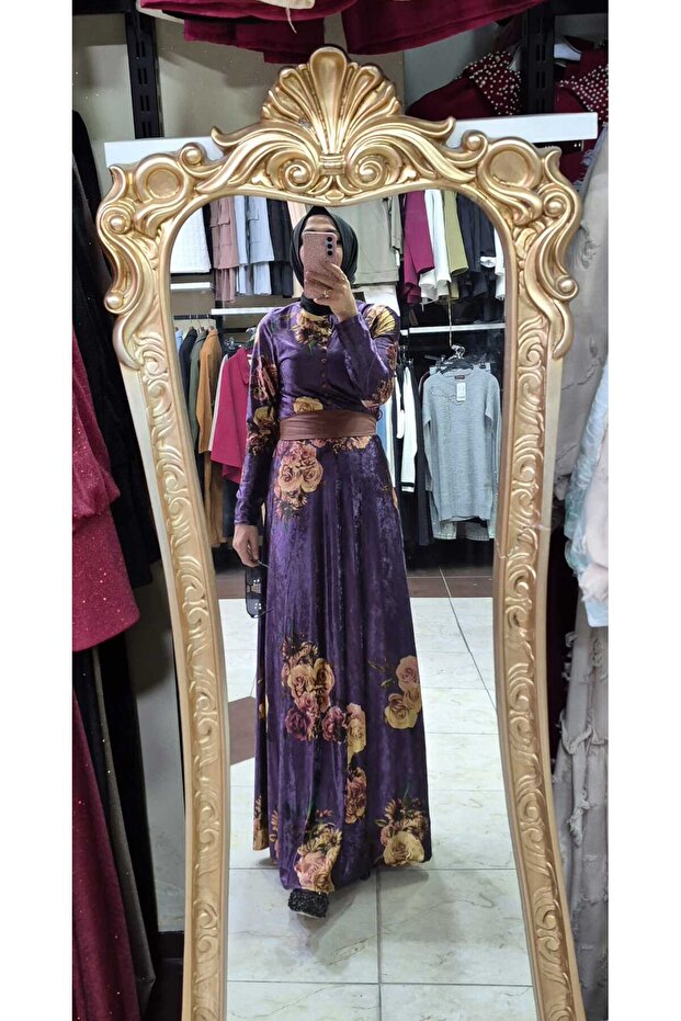 Desenli kadife elbise - 4