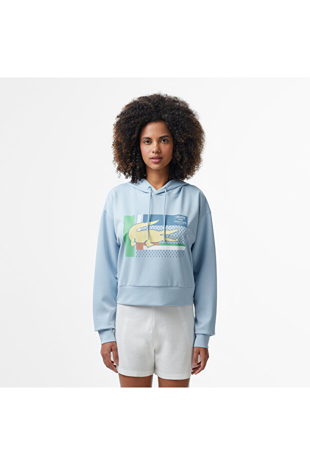 Kadın Relaxed Fit Kapüşonlu Baskılı Açık Mavi Sweatshirt - 1