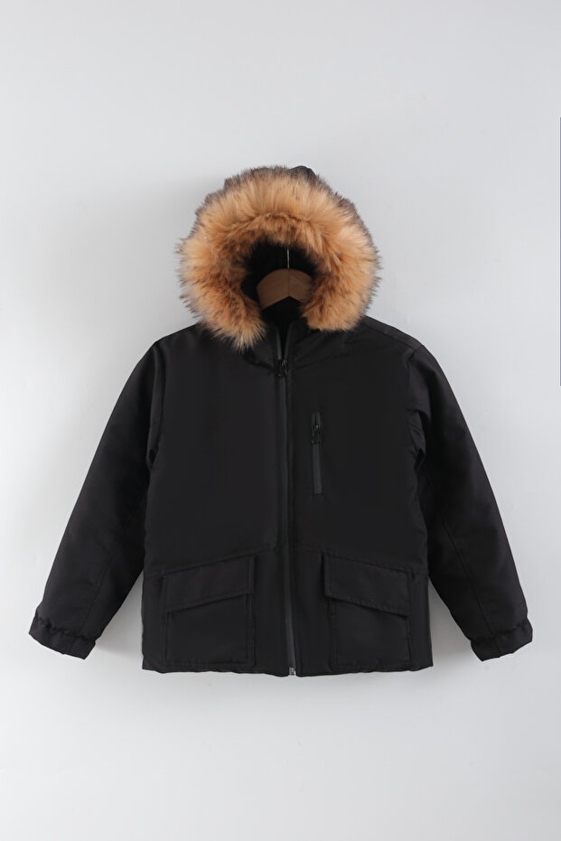 Muhino Boys' Black Hooded Water Repellent Wind Resistant Winter Coat & Jacket with Pockets