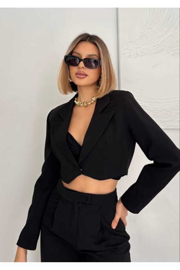 Crop Single Button Detail Jacket Pants Blazer Set