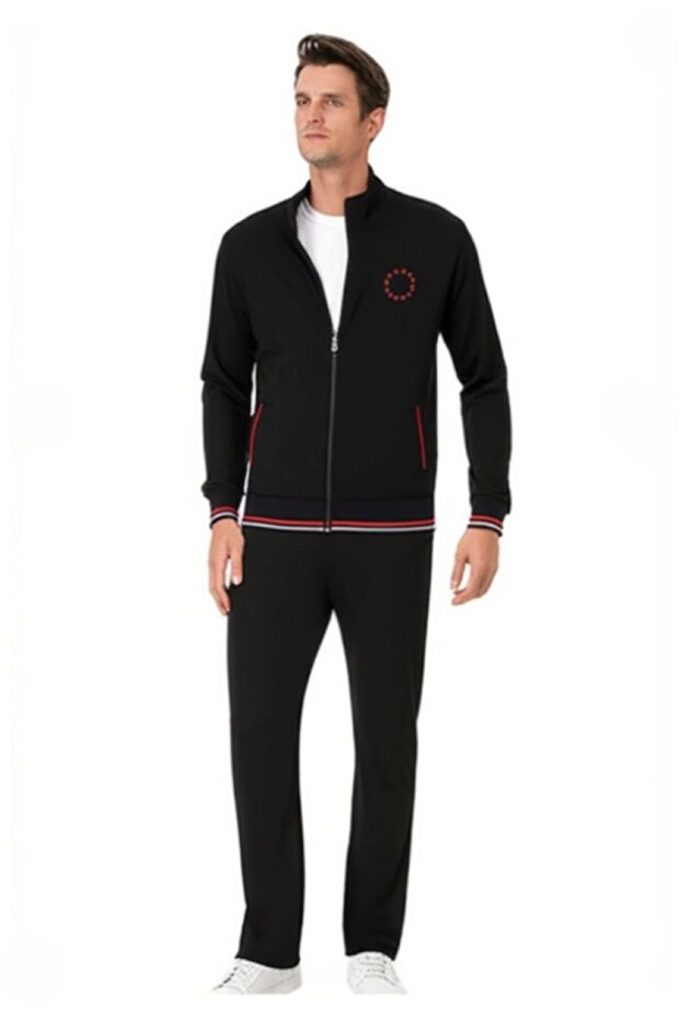 Men's Zippered Pocket Straight Leg Black Tracksuit Set