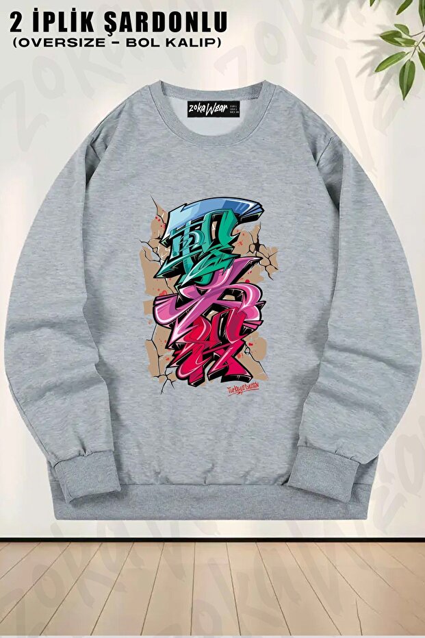 Unisex Japanese Kanjı Graffiti Printed Oversized Crew Neck Sweatshirt