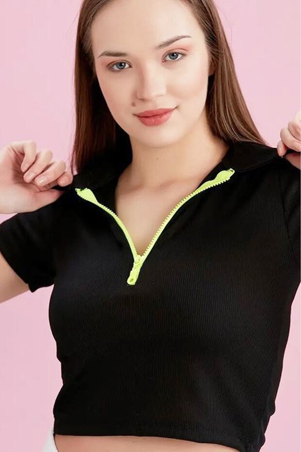 Polo Neck Neon Zippered Ribbed Knit Blouse Brown