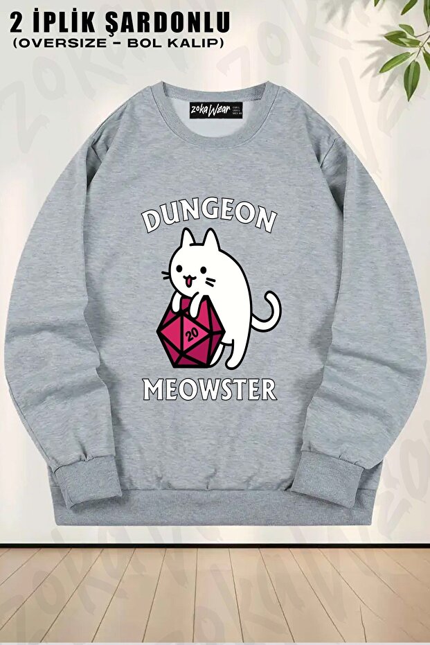 سويت شيرت يونيسكس Dungeon Meowster Dnd Dungeon مطبوع قصة فضفاضة برقبة دائرية