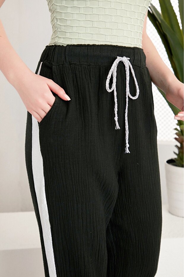 Lace-Up Pocketed Side Stripe Design Linen Trousers Beige Color