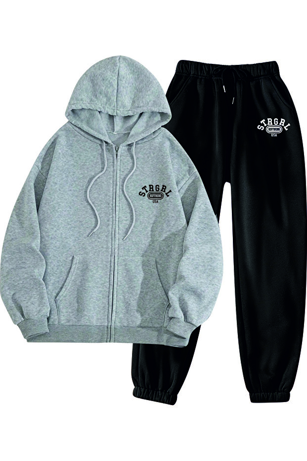 طقم ملابس كاجوال مكون من قطعة علوية وسروال رياضي - لون سادة STRGRL USA FULL ZIP