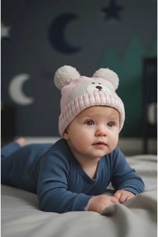 Pink Teddy Bear Patterned Pompom Knitwear Unisex Baby Beanie – 0-2 Years Old Winter Warm Model