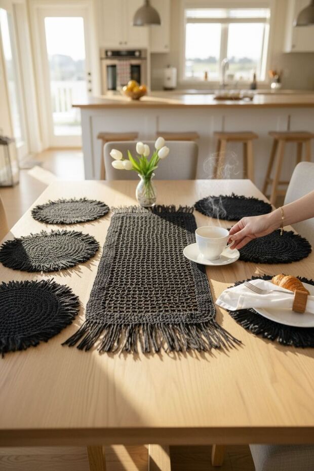 Ronse 6-Piece Black Tasseled Handcrafted Table Runner Set with Tassel Detail | Stylish Tableware