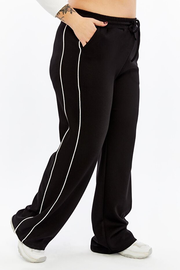 Plus Size Sweatpants with Double Stripes on the Sides and Elastic Waistband Black