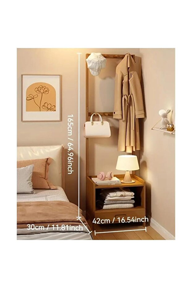 طاولة سرير جانبية حديثة متعددة الوظائف مصنوعة من الخشب الصلب مع رف كبير للمعاطف - 3