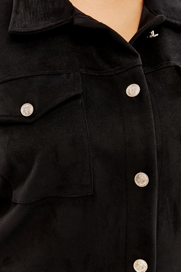 Button Detailed Plus Size Suede Jacket Black - 2