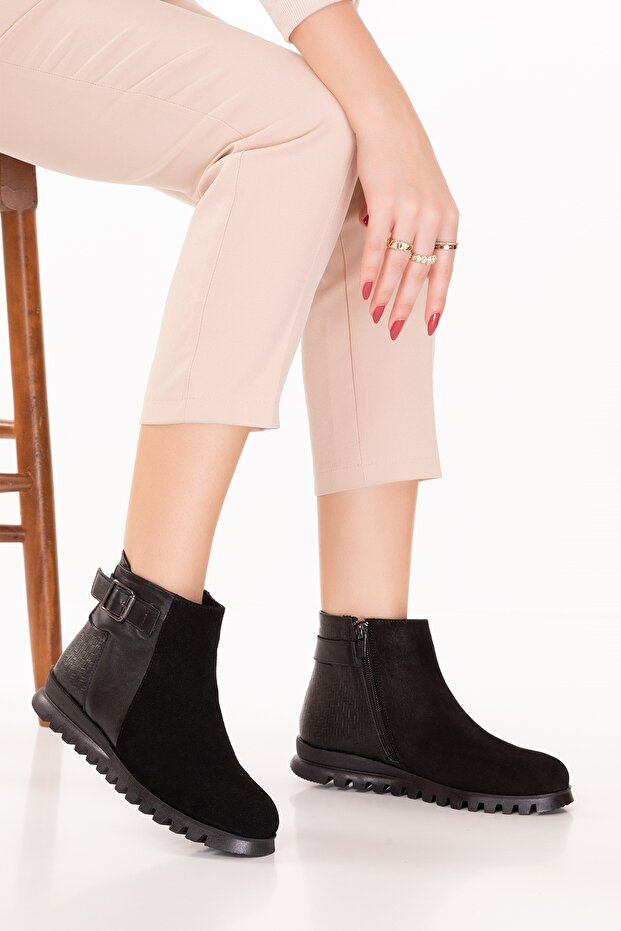 Genuine Leather Non-Slip Sole Comfortable Daily Stylish Boots Mlk.817 Black Suede