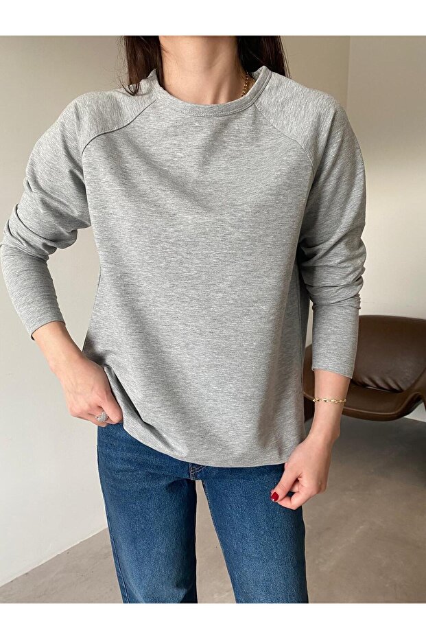 Gray Raglan Sleeve Basic Blouse - 1