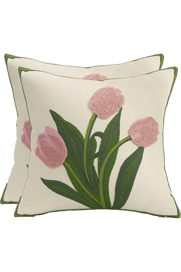 Pink Tulip Embroidered Throw Pillow Covers 18x18 Set of 2 (G3-9)