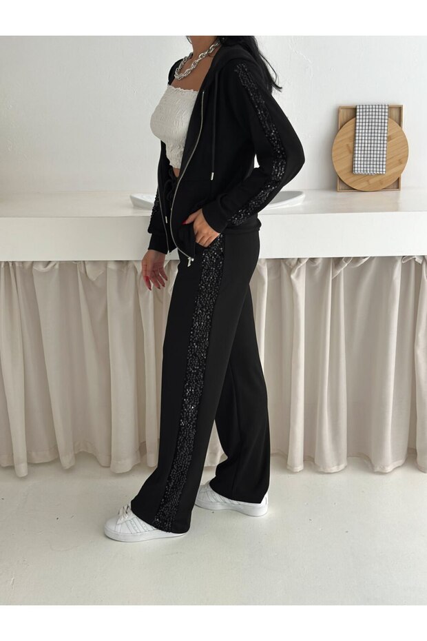 Hooded Black Tracksuit Set with Sequin Detail / Black Sequin Detailed Tracksuit Set