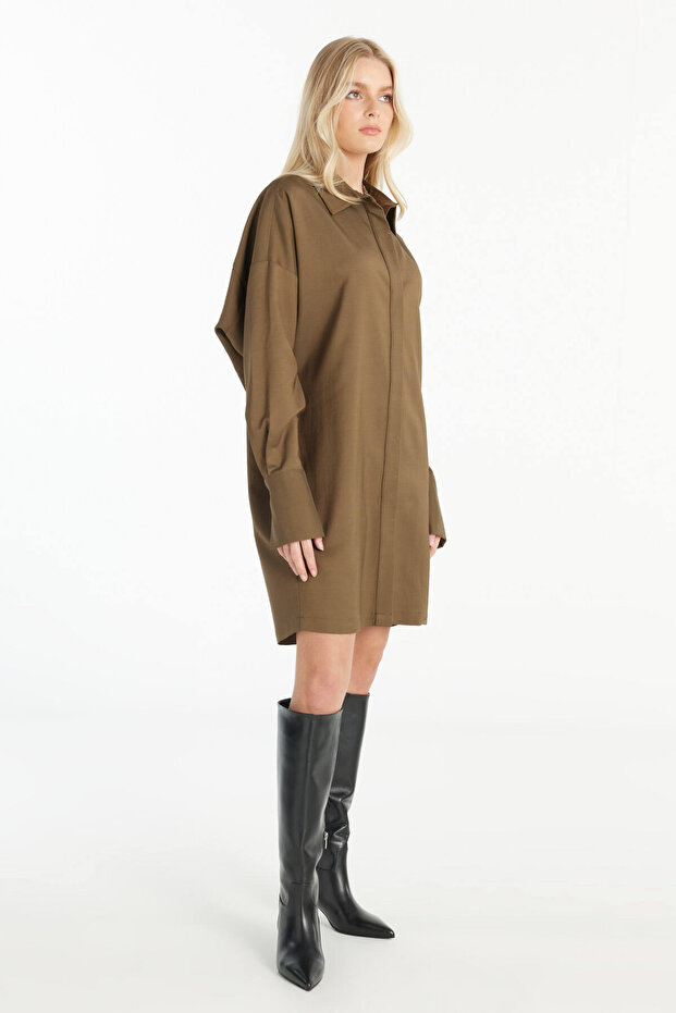 HAKİ YÜNLÜ GÖMLEK ELBİSE - 4