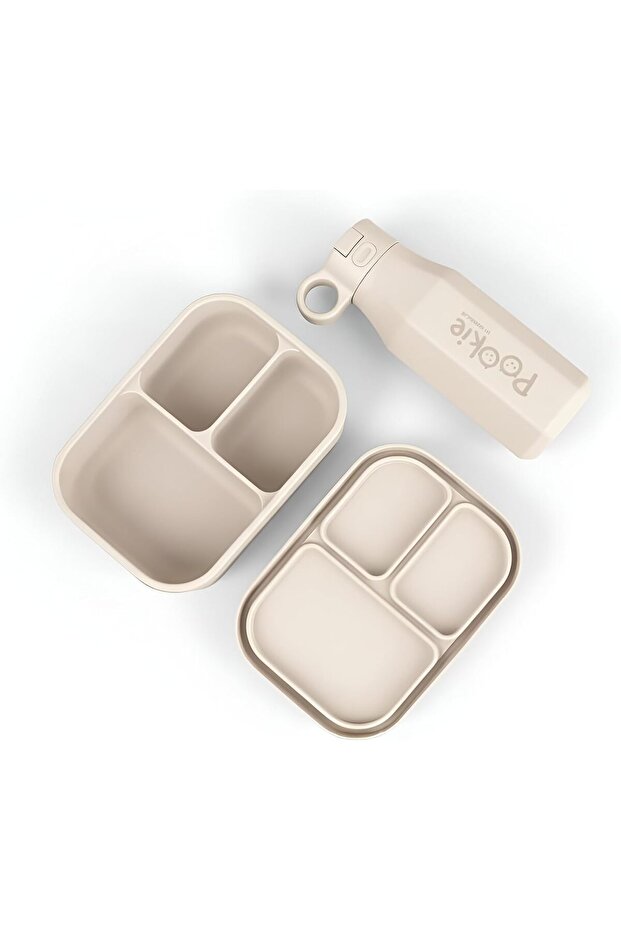 Pookie Silicone Bento Lunch Box for Kids & Toddlers - 3-Compartment with Water Bottle (Beige)