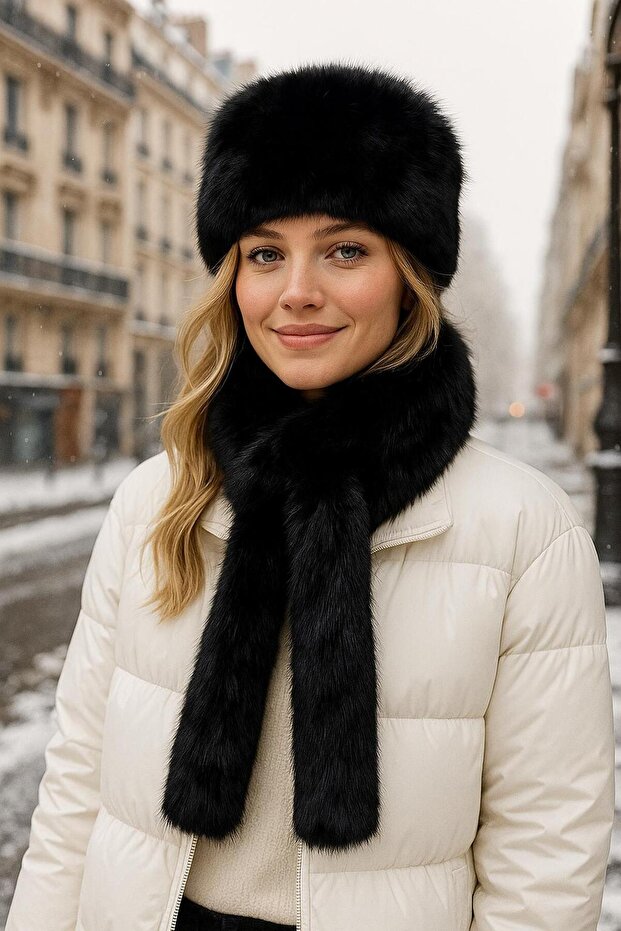 Black Soft Textured Mango Faux Fur Hat Neck Collar Set of 2