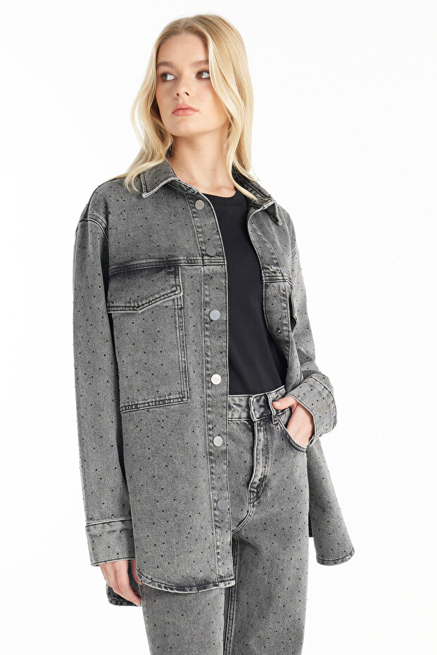 GRİ TAŞLI OVERSİZE JEAN GÖMLEK - 6