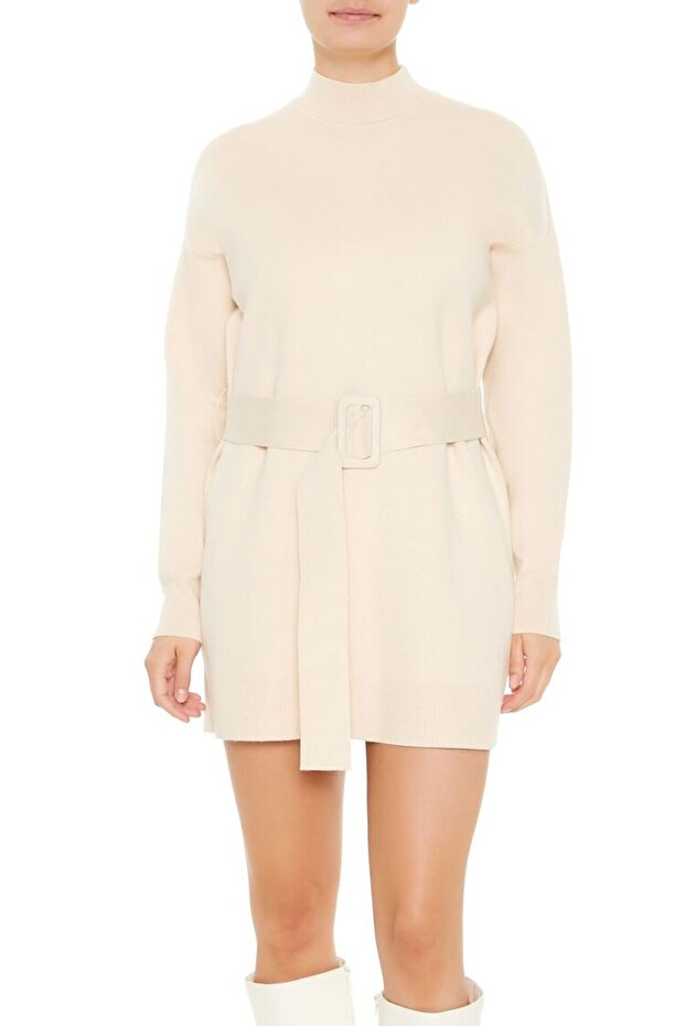 Kemerli Mini Triko Elbise - 1