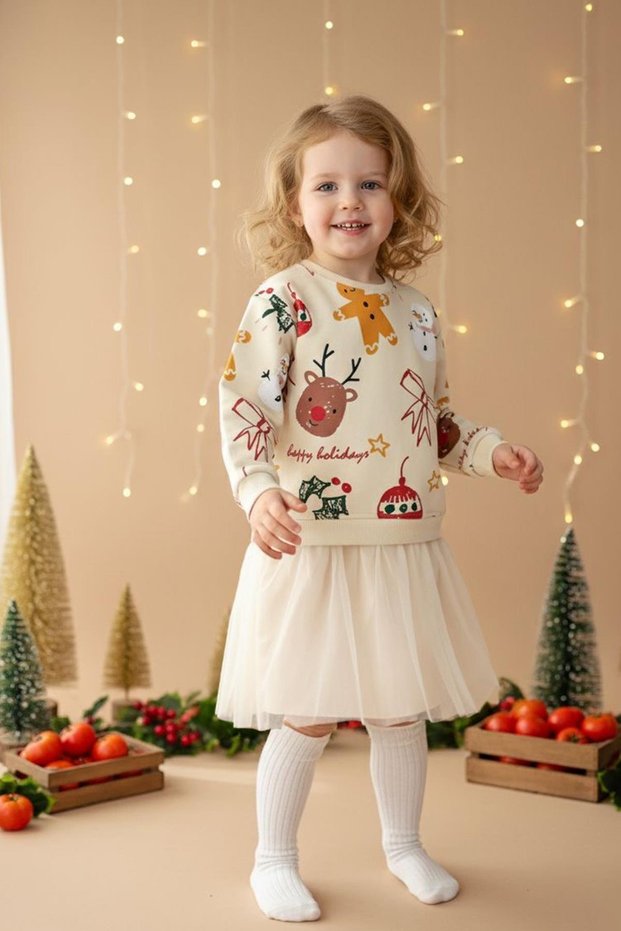 Girls' New Year's Printed Tulle Detailed Dress