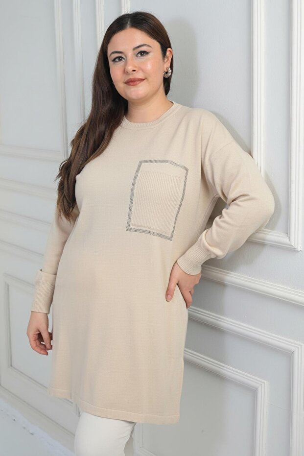 Women's Front Single Pocket Stone Print Detailed Plus Size Knitweartunic Blouse