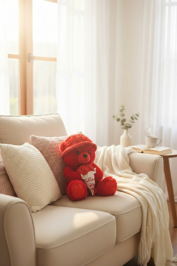 دب أحمر محشو قابل للعناق مع قبعة وورود - 2