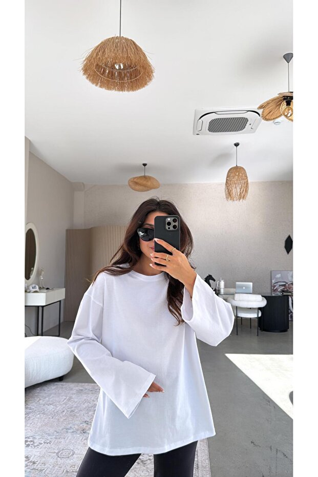 Mânecă lungă albă basic Bumbac tricou - 3