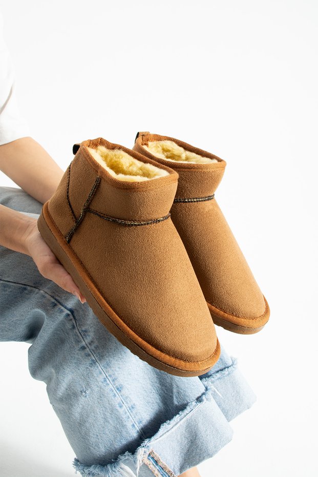 Ultra Mini Boots Tan Suede Inside Fully Fur-Lined Winter Thin Sole (Sole Height 2 cm) Women's Boots