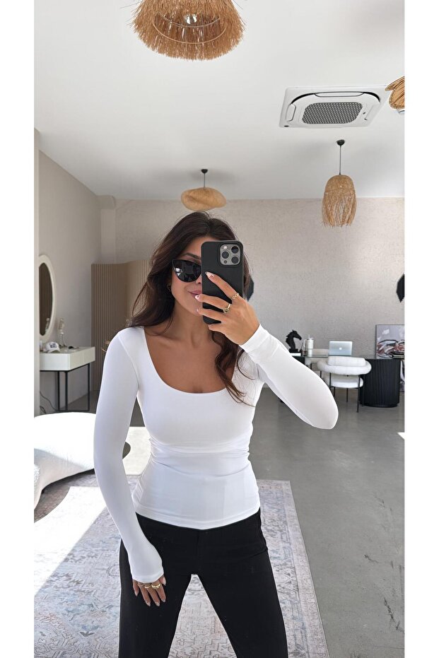 بلوزة بياقة مربعة بيضاء من البولي أميد - 4